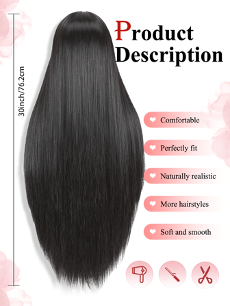 30Inch Long Straight Black Wigs For Women Synthetic Middle Part 4x1 Lace Part Wig Natural Looking Wig For Daily Part Use