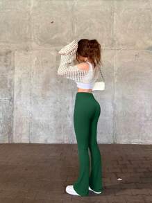 OQQ Women's 2 Piece Yoga Pants Ribbed Seamless Workout High Waist Bell Bottoms Flare Leggings - Darkred,Darkgreen - View 3