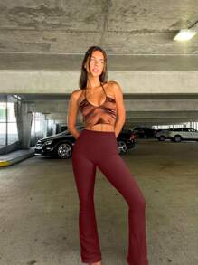 OQQ Women's 2 Piece Yoga Pants Ribbed Seamless Workout High Waist Bell Bottoms Flare Leggings - Darkred,Darkgreen - View 4