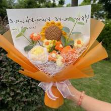 Christmas Handmade Crochet Artificial Heart-Shaped Flower Bouquet, Knitted Everlasting Tulip, Sunflower, Rose Flower Bouquet, Creative Gift For Birthday And Holiday Gifts Graduation