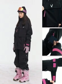 VECTOR MOTION 专业加厚连帽滑雪服，保暖、弹力、防寒、防风、防水、透气，适合单板/双板滑雪，黑色，冬季运动装备 - 黑色 - 查看 4