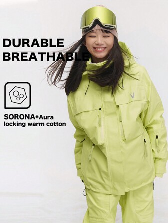VECTOR MOTION Chaqueta de esquí con capucha acolchada de grado profesional, a prueba de viento, impermeable, transpirable, cálida, elástica, equipo de esquí para conjuntos de esquí de tabla individual/doble