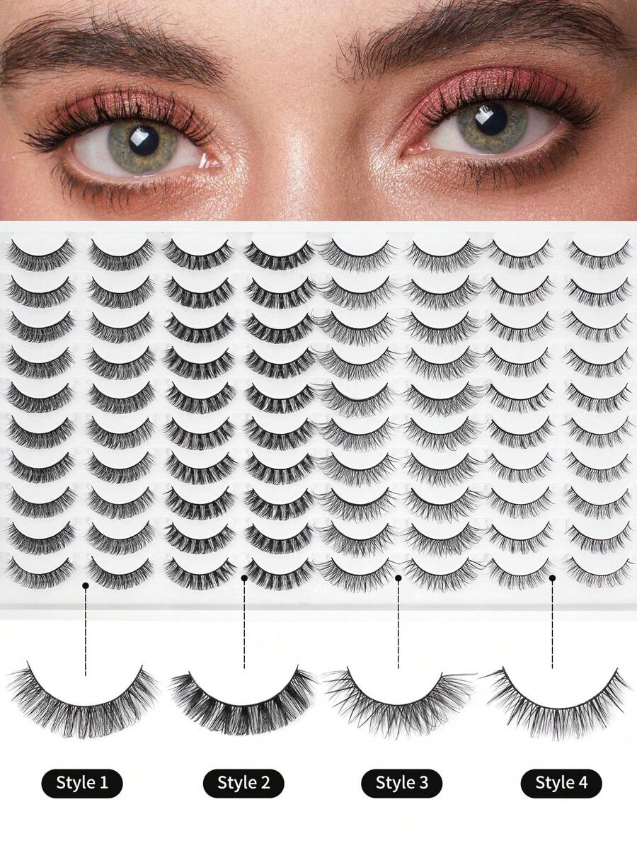 MAGEFY 40 Pairs CC Curl Mixed Style Natural Crossover False Eyelashes Fluffy 3d Mink Fur False Eyelashes Natural Long Thick Wholesale False Eyelashes For Makeup,Handmade Lengthened Thick Curly Eyelashes Artificial Mink Eyelashes Makeup Tools - 黑色 - 查看 1