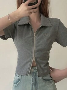 Women's Slim Fit Polo Collar Plain Color Short Sleeve Casual T-Shirt With Front Zipper, Versatile And Cropped, Summer