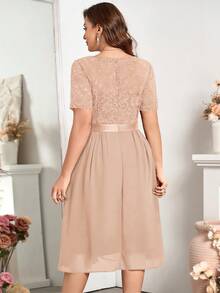 Plus Floral Lace V-Neck Ruffle Trim Chiffon A-Line Hem Semi Formal Party Swing Dress - Champagne - View 3