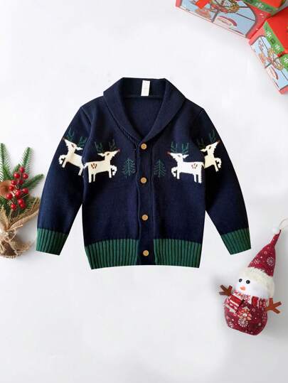 小男孩针织开衫，海军蓝鹿图案长袖毛衣外套，舒适时尚，适合节日派对、圣诞节
