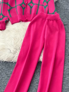 Bộ đồ dệt kim mùa xuân 2 món dành cho nữ, bộ áo khoác cardigan dài tay thời trang và đa năng, áo khoác len jacquard, bộ quần áo dệt kim dáng rộng thoải mái, trang phục thường ngày năng động cho nữ. - Màu Hồng Tươi - Xem 7