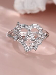 Tsnamer 1Pc Exquisite Cubic Zirconia Golden Initial Heart Ring 26 Letter A-Z Personalized Name Flower Adjustable Open Cuff Ring For Women Girls Match Daily Birthday Jewelry Gifts - Gold - View 12
