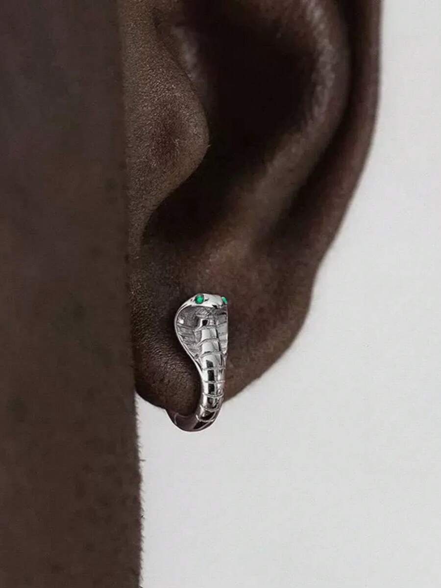 男士时尚方晶锆石黄铜蛇形耳环，圆形银色男士耳环，炫酷绿眼眼镜蛇设计，防过敏十二生肖动物生日礼物