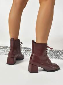 Women's Pointed Toe Lace-Up Mid-Calf Boots, Run Small By One Size - Burgundy - View 5