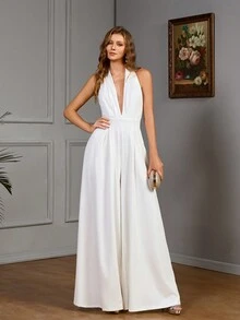 Mono de fiesta para mujer de pierna ancha con cuello de halter y espalda abierta