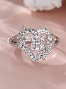 Tsnamer 1枚精美立方氧化锆金色字母心形戒指，26个字母A-Z可定制姓名花朵图案，可调节开口手镯式戒指，适合女性和女孩日常佩戴，生日珠宝礼物 - 銀色 - 查看 33