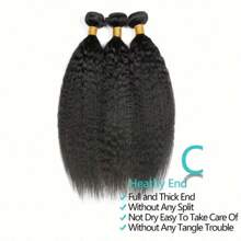 巴西卷曲直发束 3 件 Yaki 直发 100% 纯天然真人发接发 女士自然色束 - 黑色 - 查看 5