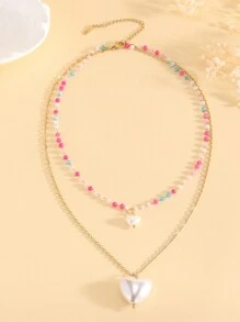 1 件时尚不锈钢手工水晶珠和人造珍珠吊坠多层项链，适合女性日常佩戴 - 彩色 - 查看 5