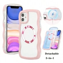 1pc Pink Magnetic 2-In-1 Wavy Color Frame Candy Color Detachable MagSafe Compatible Fashion Girlfriend Boyfriend Gift Curly Asymmetric Thick Air Cushion Anti-Fall Anti-Scratch TPU Soft Transparent Backboard Protective Case Compatible With Apple IPhone 16 Pro/16 Pro Max/16 Plus/16/15 Pro/15 Pro Max/15 Plus/15/14 Pro/14 Pro Max/14 Plus/14/13 Pro/13 Pro Max/13/12 Pro/12 Pro Max/12/11 Pro Max/11/XS Max/XR/XS/X