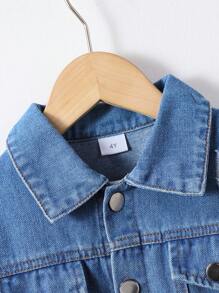 2 件套年轻男孩休闲破洞牛仔夹克和松紧腰牛仔裤套装，适合春秋季日常和户外穿着 - 中等水洗藍 - 查看 2