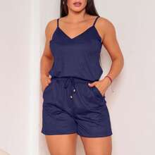 Suede Shorts And Basic Strap Tank Top Set, Summer Trend, Plus Size Size M To EXG - 藏蓝色 - 查看 2