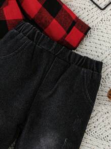 男婴秋季长袖格子领衬衫牛仔裤套装（2件套），休闲户外穿着 - 彩色 - 查看 7