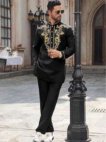 Men's 2-Piece Metal Traditional Suit Gold Embroidered Shirt Dashiki Shirt And Pants Set - 黑色 - 查看 2