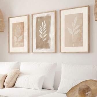 Set Of 3 Beige Botanical Line Art Neutral Wall Art, Minimalist Plant Leaves Prints, Boho Leaf Canvas Poster, Modern Wall Decor, Ideal Gift For Living Room, Bedroom, Kitchen, Dorm, Office, Cafe, Hallway, Dining Room, Home And Room Decoration, Unframed Gifts Birthday Graduation