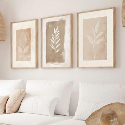 Juego de 3 obras de arte de pared de línea botánica en beige, impresiones minimalistas de hojas de plantas, póster de lienzo de hojas estilo bohemio, decoración de pared moderna, regalo ideal para sala de estar, dormitorio, cocina, dormitorio, oficina, cafetería, pasillo, comedor, decoración del hogar y la habitación, sin marco