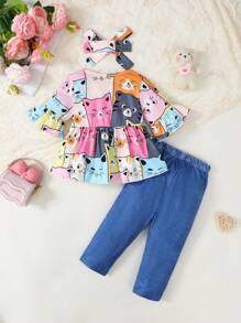 3pcs/Set Baby Girl Daily Kitten Element Digital Print Bell Sleeve Top, Pants And Headband Set (Asymmetrical Print)