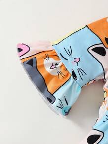 3pcs/Set Baby Girl Daily Kitten Element Digital Print Bell Sleeve Top, Pants And Headband Set (Asymmetrical Print)