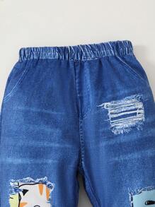 3pcs/Set Baby Girl Daily Kitten Element Digital Print Bell Sleeve Top, Pants And Headband Set (Asymmetrical Print)