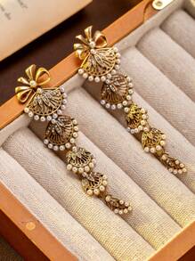 Pendientes largos tipo abanico con perlas falsas y cristales incrustados, estilo vintage de la corte, pendientes estilo bohemio retro desgastado