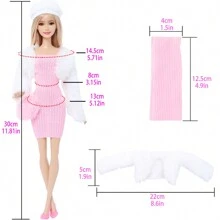 6-delige outfitset met poppenkleding voor poppen van 11,5 inch: schattige pluchen jumpsuit, wit jasje, roze tas, hoge hakken, hoed, modieuze meisjesjurk, geschikt voor poppenaankleedspelletjes, verjaardagscadeau (pop niet inbegrepen)