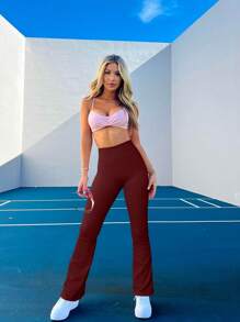 OQQ Women's 2 Piece Yoga Pants Ribbed Seamless Workout High Waist Bell Bottoms Flare Leggings - Darkred,Darkgreen - View 2
