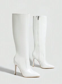 Fashion Pointed Toe Stiletto Heel Side Zipper Autumn/Winter Leather Boots, PU Mid-Calf Warm Sexy Classic Women's Boots,Party - White - View 4
