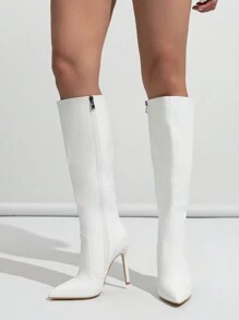 Fashion Pointed Toe Stiletto Heel Side Zipper Autumn/Winter Leather Boots, PU Mid-Calf Warm Sexy Classic Women's Boots,Party - White - View 2