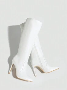 Fashion Pointed Toe Stiletto Heel Side Zipper Autumn/Winter Leather Boots, PU Mid-Calf Warm Sexy Classic Women's Boots,Party - White - View 5