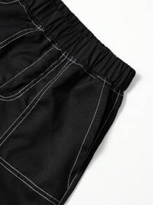 1pc Tween Boys Vintage Casual Minimalist Denim Effect Pocket Cargo Pants, Spring/Autumn - Black - View 4