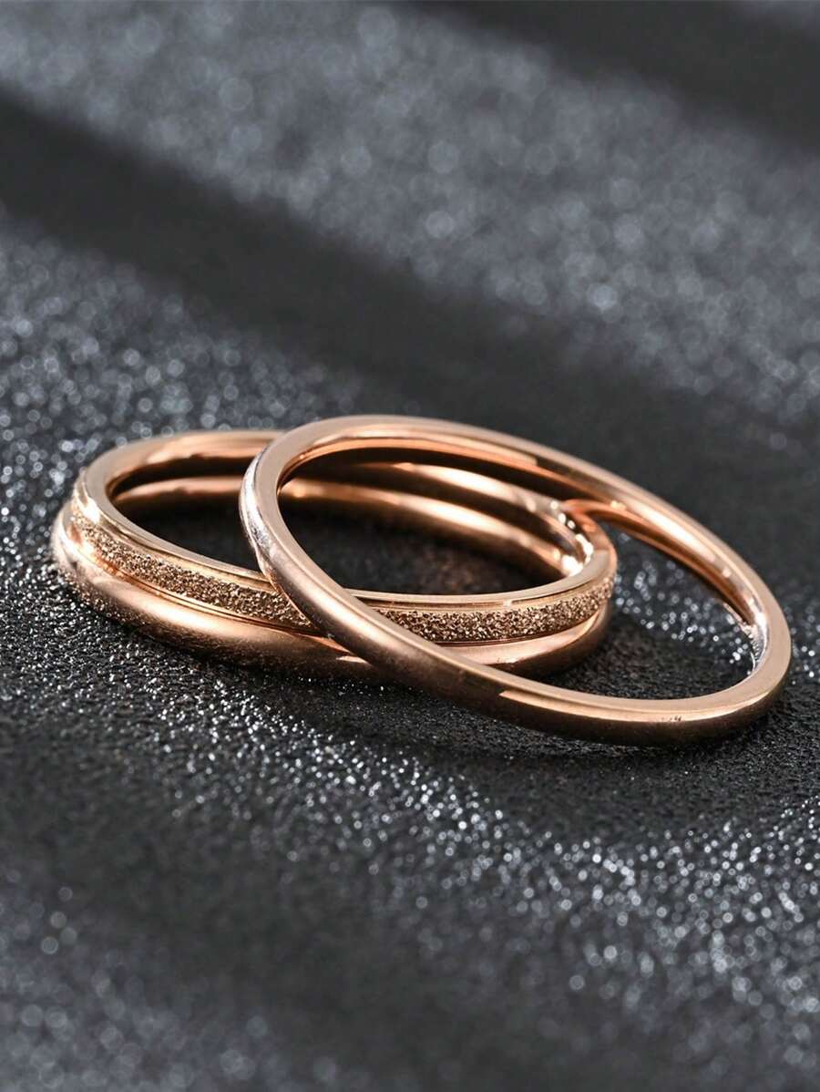 1/3pcs Gold Matte Stainless Steel Ring Set, Fashion - Rose Gold - View 1