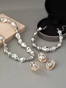 1 Set Of 2024 European And American Style Sweet, Cool, Cold, Light Luxury, Niche High-End Feeling, New Asymmetrical Shaped Bead Necklace Bracelet Earring Set, Elegant And High-End Feeling, Collarbone Chain Simple And Exquisite, And Women's Banquet Parties, Daily Commuting Wear - Jewelry Set - View 7