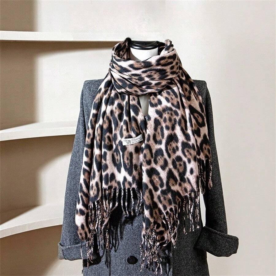 1 chiếc khăn choàng cashmere giả in họa tiết phong cách Âu Mỹ dành cho nữ, họa tiết da báo nhiều màu, khăn choàng dài đa năng, thích hợp giữ ấm vào mùa thu/đông - họa tiết da báo kaki - Xem 1