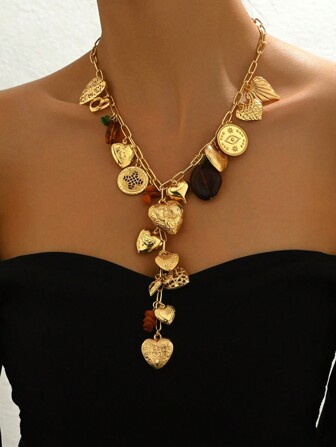 1 件优质金色多心形盒子和爱树设计吊坠长项链，天然石和树脂饰物，适合女性派对、节日、送给情人、女神的礼物 - 每颗小石头和树脂饰物的尺寸和颜色都是随机的