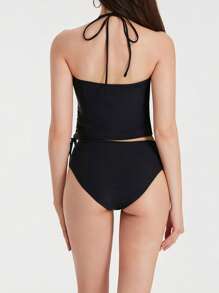 Two Piece Tankini Swimsuits For Women Tummy Control Bathing Suits Halter Swim Top With Shorts - 黑色 - 查看 8