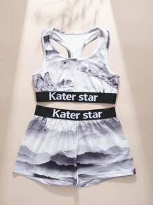 [Ink Style Series]Women's Letter Print Sports Bra And Pantines Set Lingerie