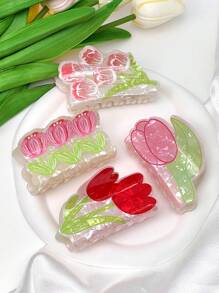 1 件女士浪漫郁金香花朵亚克力发夹，百搭发饰，适合节日礼物 - 彩色 - 查看 4