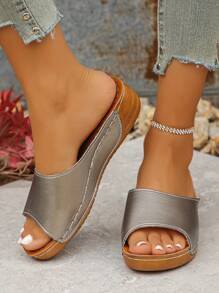 Sandálias Slide Femininas Plus Size (EUA 6-11) Moda Casual, Bico Aberto, Solado Grosso, Cinza Prateado, Adequada para Uso Diário, Ao Ar Livre, Férias, Praia, Estilo Romano, Leve, Confortável, Versátil, Salto Anabela - cinza prateado - Visão 3