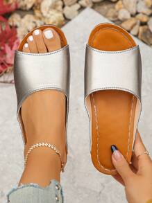 Sandálias Slide Femininas Plus Size (EUA 6-11) Moda Casual, Bico Aberto, Solado Grosso, Cinza Prateado, Adequada para Uso Diário, Ao Ar Livre, Férias, Praia, Estilo Romano, Leve, Confortável, Versátil, Salto Anabela - cinza prateado - Visão 2