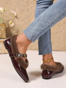 Fall/Winter Women's Flat Slip-On Shoes, With Pointed Toe, Fluffy, Metal Buckle Decor, Wine Red PU Material, Flat Sole, Suitable For Winter,Fur Shoes