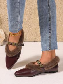 Fall/Winter Women's Flat Slip-On Shoes, With Pointed Toe, Fluffy, Metal Buckle Decor, Wine Red PU Material, Flat Sole, Suitable For Winter,Fur Shoes