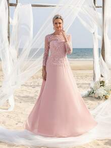 Faeriesty Mosy Elegant Embroidered Bodice Contrast Chiffon Hem Mother Of The Bride Dress - Baby Pink - View 4