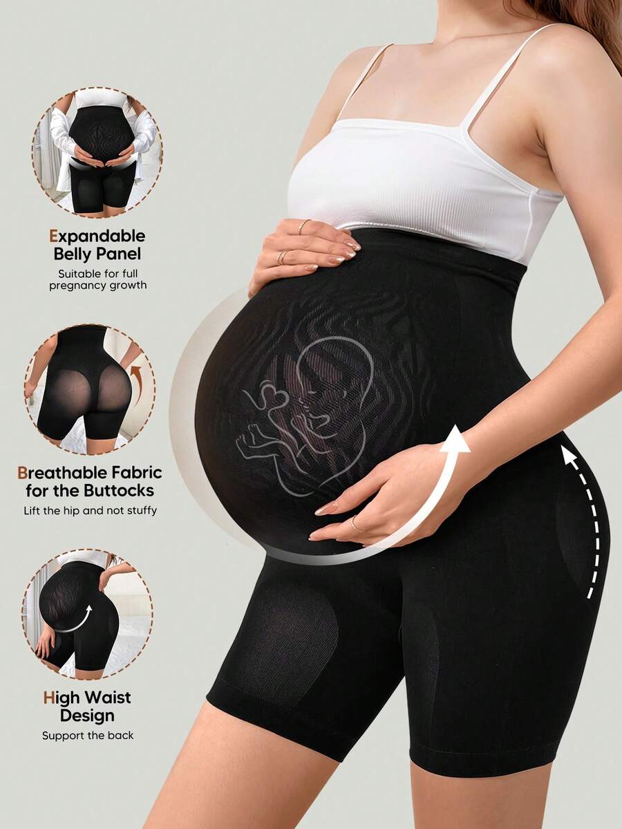 Maternity Solid Color Stretchy Knee-Length Shorts, Suitable For Summer - Black - View 1