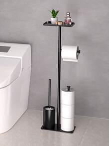 Black Toilet Paper Holder With Toilet Brush, Fits 4 Spare Toilet Paper Rolls, Floor-Standing Bathroom Paper Holder, Metal Independent Toilet Paper Roll Storage Rack, Bathroom Accessory