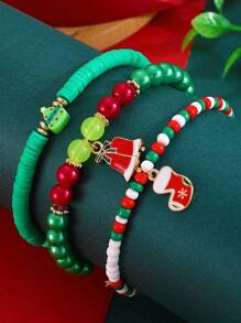 Fashionable New Christmas Soft Clay Handmade Bead Letter Santa Claus, Snowflake, Reindeer Stretch Bracelet Set, Suitable For Women Daily, Party, Holiday Wear